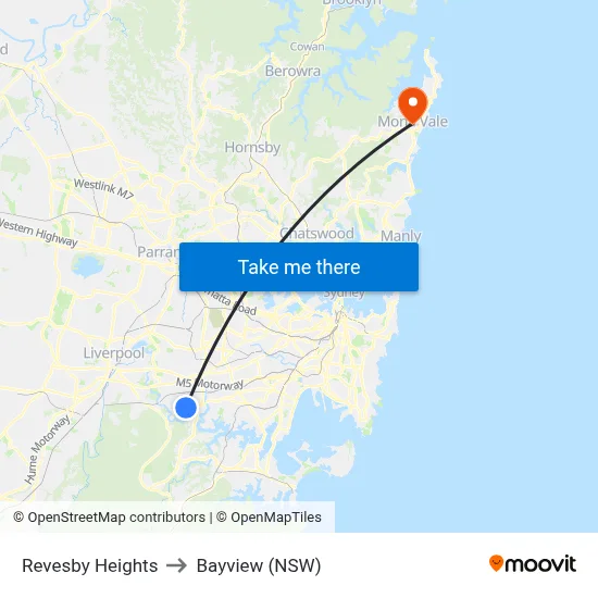 Revesby Heights to Bayview (NSW) map