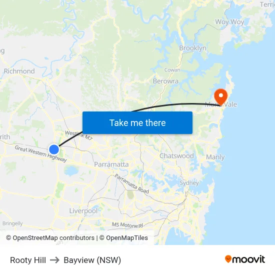 Rooty Hill to Bayview (NSW) map