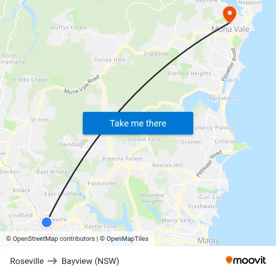 Roseville to Bayview (NSW) map