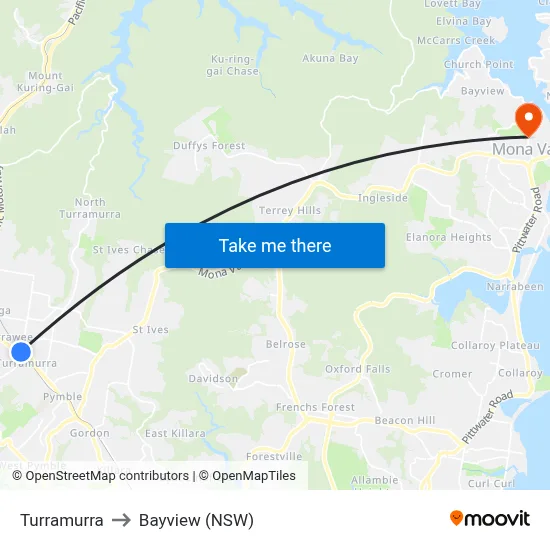 Turramurra to Bayview (NSW) map