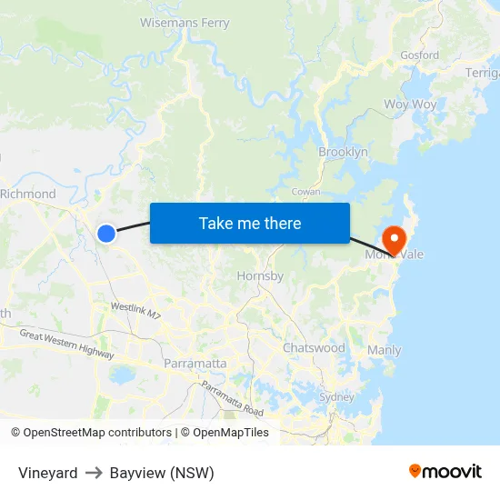 Vineyard to Bayview (NSW) map