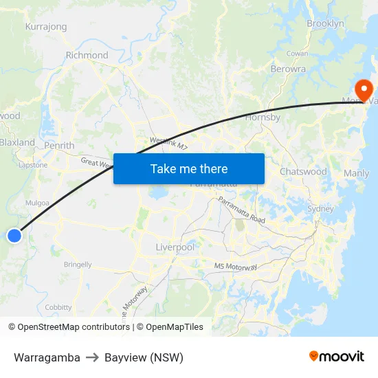 Warragamba to Bayview (NSW) map