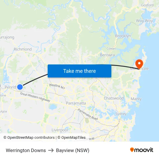 Werrington Downs to Bayview (NSW) map