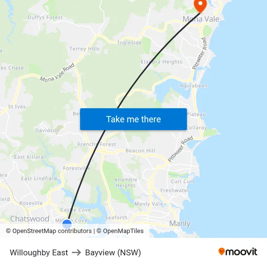 Willoughby East to Bayview (NSW) map