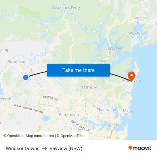 Windsor Downs to Bayview (NSW) map