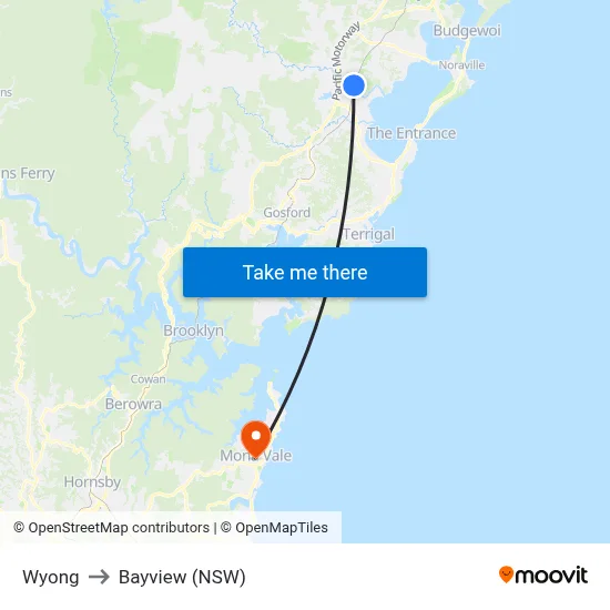 Wyong to Bayview (NSW) map