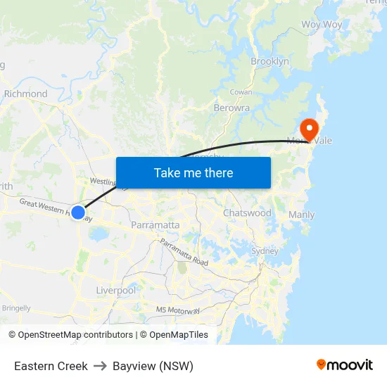 Eastern Creek to Bayview (NSW) map