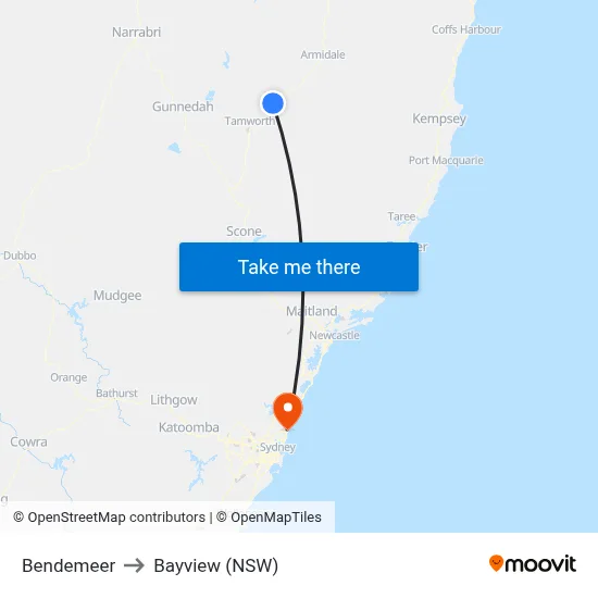 Bendemeer to Bayview (NSW) map