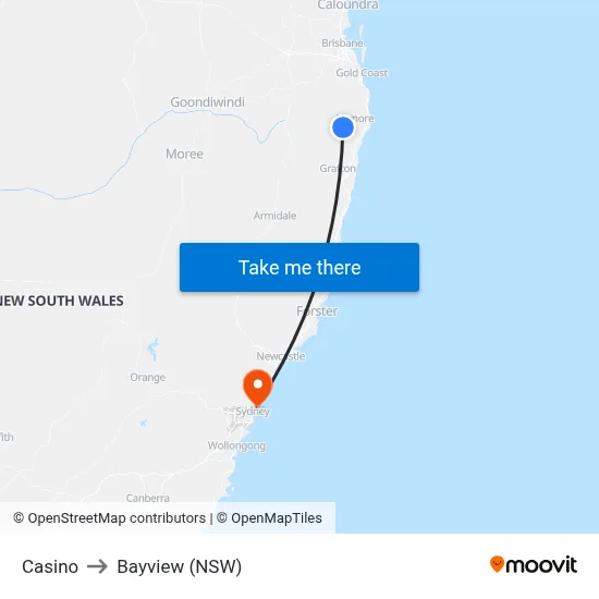 Casino to Bayview (NSW) map