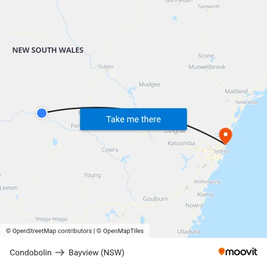Condobolin to Bayview (NSW) map