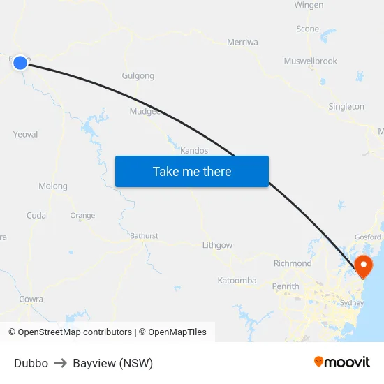 Dubbo to Bayview (NSW) map