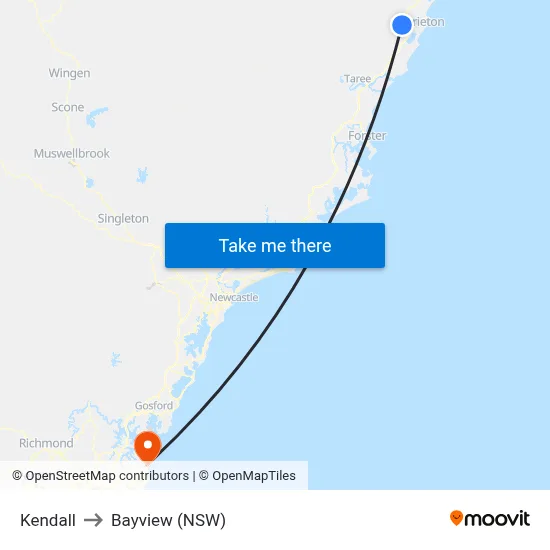 Kendall to Bayview (NSW) map
