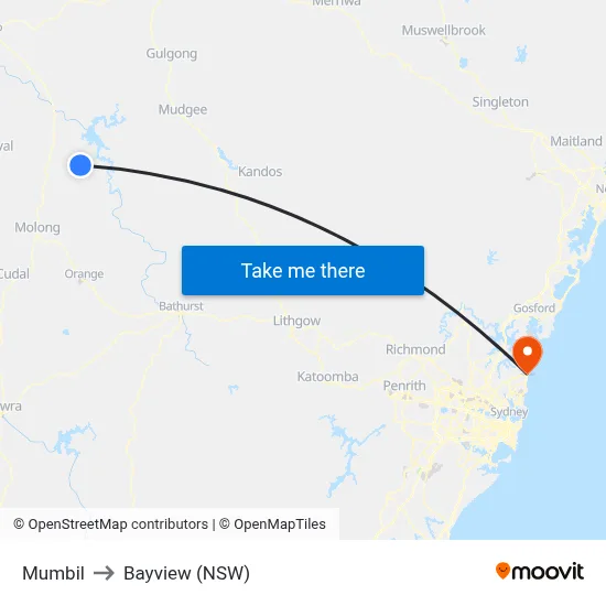 Mumbil to Bayview (NSW) map