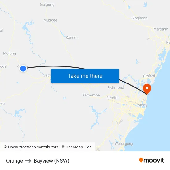 Orange to Bayview (NSW) map