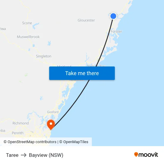 Taree to Bayview (NSW) map