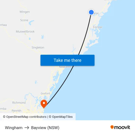 Wingham to Bayview (NSW) map
