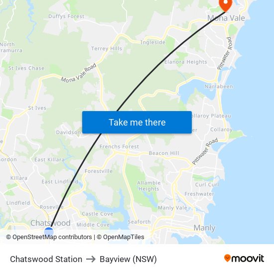 Chatswood Station to Bayview (NSW) map