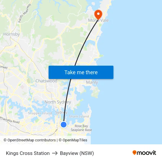 Kings Cross Station to Bayview (NSW) map