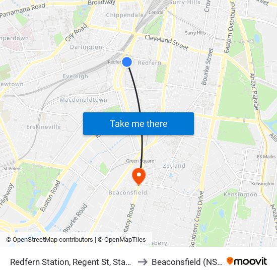 Redfern Station, Regent St, Stand C to Beaconsfield (NSW) map