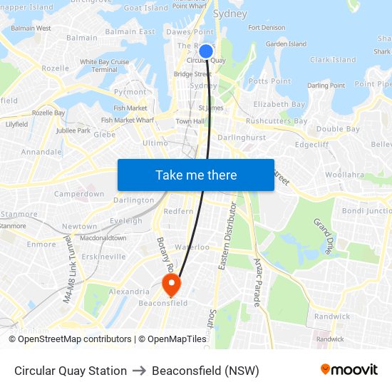Circular Quay Station to Beaconsfield (NSW) map