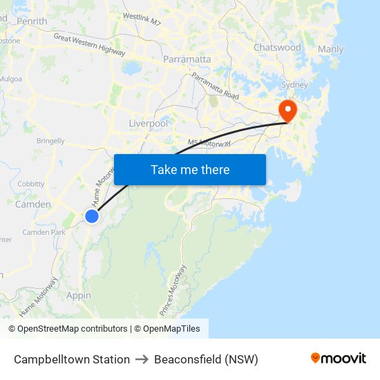 Campbelltown Station to Beaconsfield (NSW) map