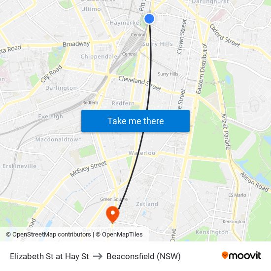 Elizabeth St at Hay St to Beaconsfield (NSW) map