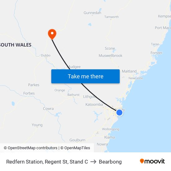 Redfern Station, Regent St, Stand C to Bearbong map