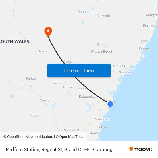 Redfern Station, Regent St, Stand C to Bearbong map
