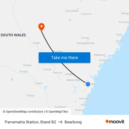 Parramatta Station, Stand B2 to Bearbong map