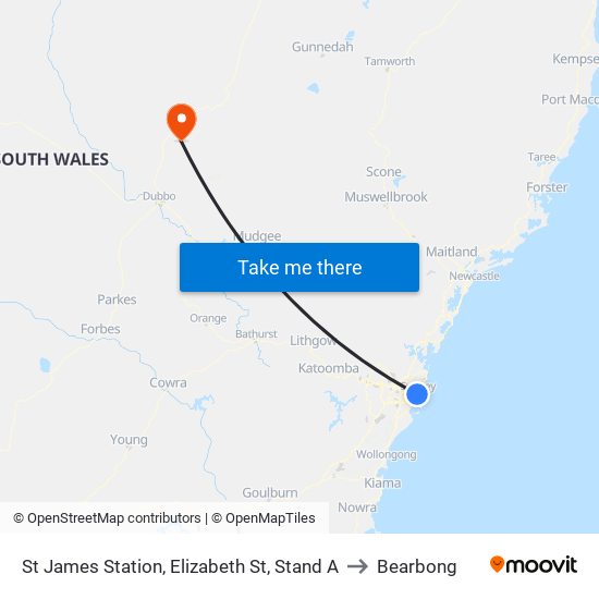 St James Station, Elizabeth St, Stand A to Bearbong map