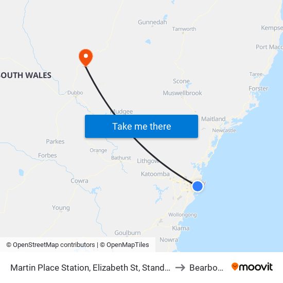 Martin Place Station, Elizabeth St, Stand E to Bearbong map