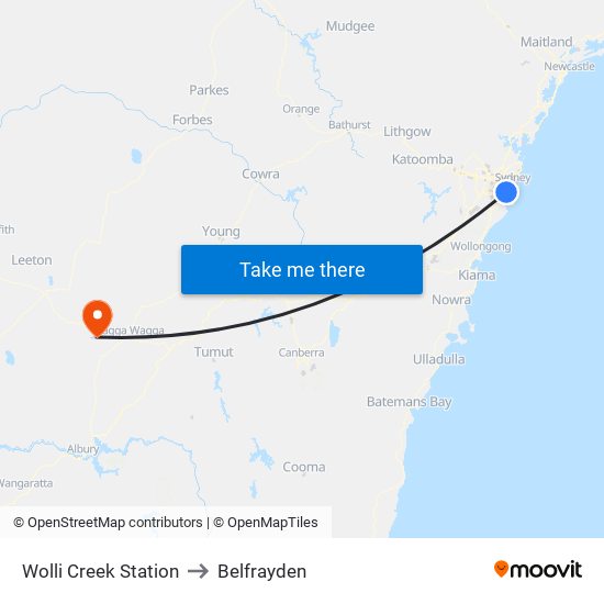 Wolli Creek Station to Belfrayden map