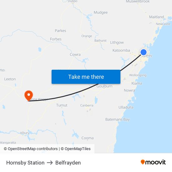 Hornsby Station to Belfrayden map