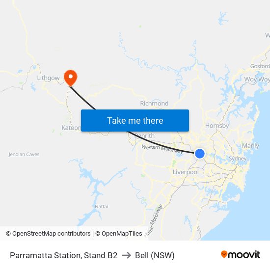 Parramatta Station, Stand B2 to Bell (NSW) map