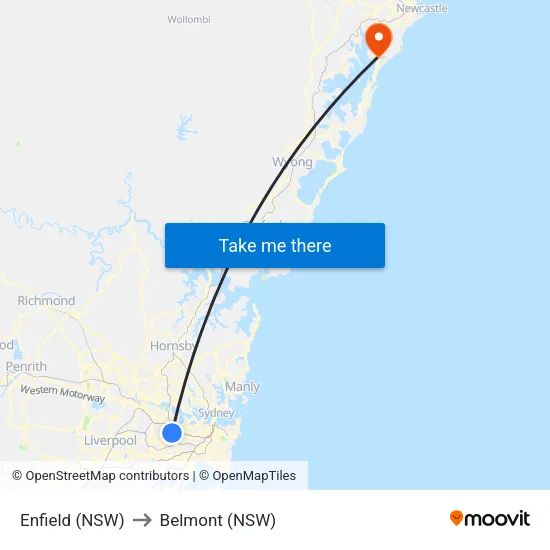 Enfield (NSW) to Belmont (NSW) map