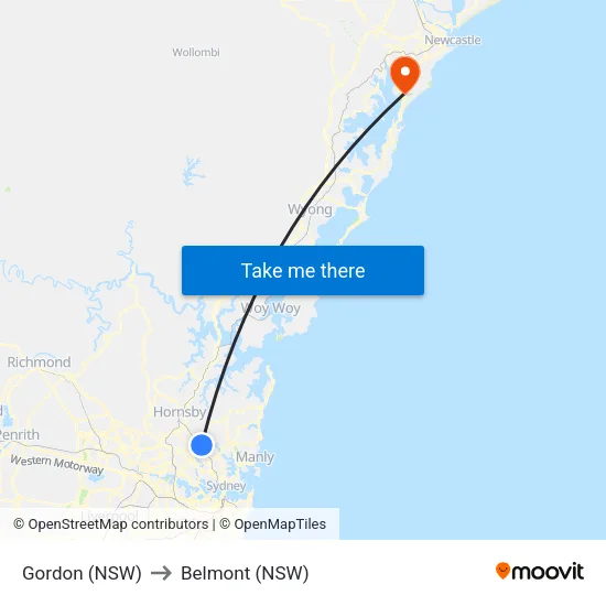 Gordon (NSW) to Belmont (NSW) map