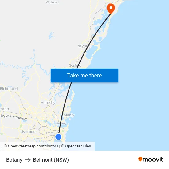 Botany to Belmont (NSW) map