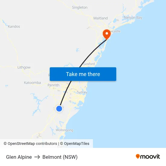 Glen Alpine to Belmont (NSW) map