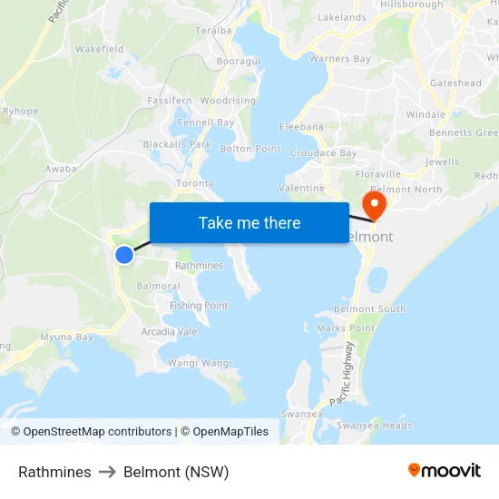 Rathmines to Belmont (NSW) map