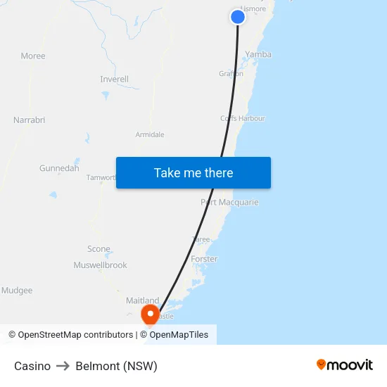 Casino to Belmont (NSW) map