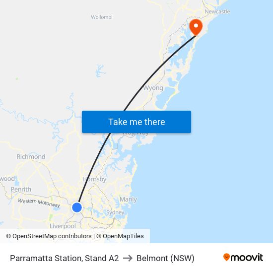 Parramatta Station, Stand A2 to Belmont (NSW) map