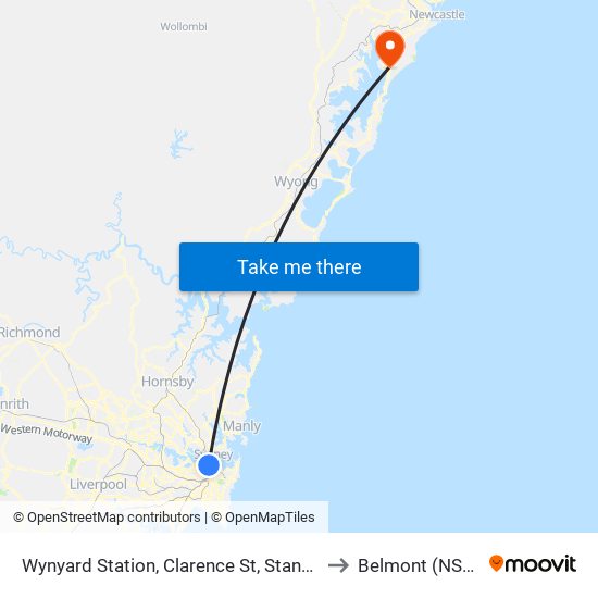 Wynyard Station, Clarence St, Stand Q to Belmont (NSW) map
