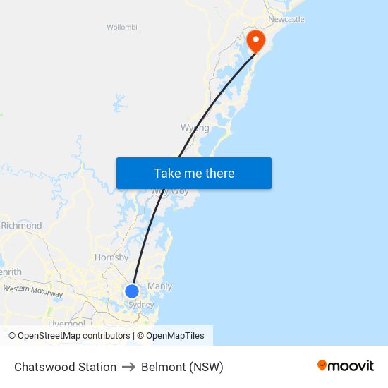 Chatswood Station to Belmont (NSW) map