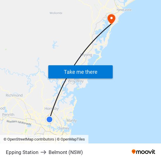 Epping Station to Belmont (NSW) map