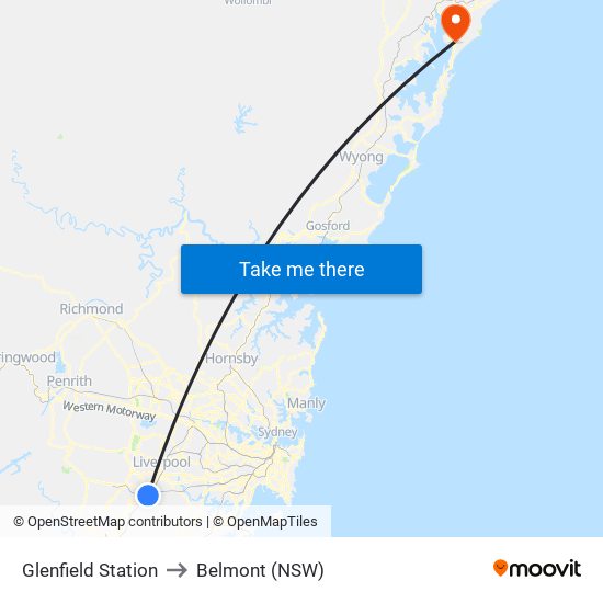 Glenfield Station to Belmont (NSW) map