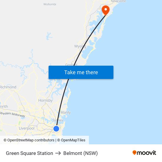 Green Square Station to Belmont (NSW) map