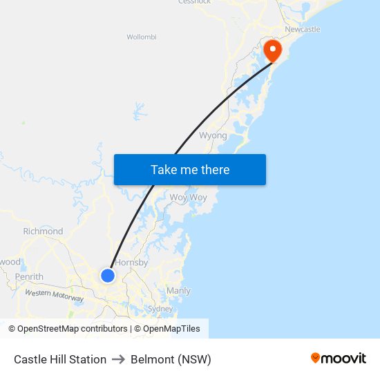 Castle Hill Station to Belmont (NSW) map