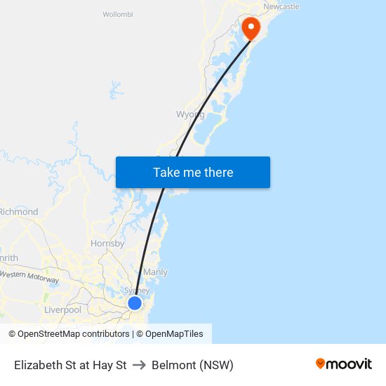 Elizabeth St at Hay St to Belmont (NSW) map