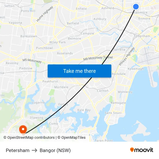 Petersham to Bangor (NSW) map
