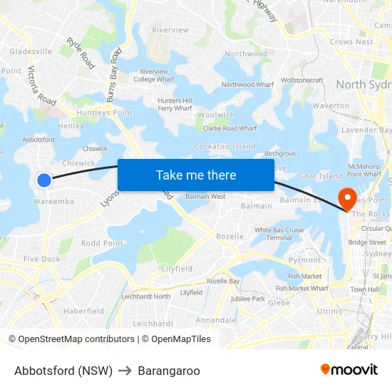 Abbotsford (NSW) to Barangaroo map